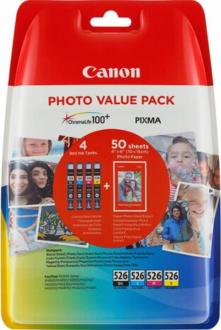 CLI-526 C/M/Y/BK Photo Value Pack (4-pack, 9 ml, zwart, cyaan, magenta en geel, 100 x 150 mm 50 vellen)