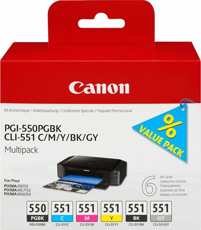 PGI-550 + CLI-551PGBK Valuepack (cyaan, magenta, geel, grijs, zwart, pigment en foto zwart)