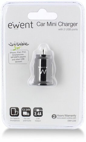 EW1220 Power adapter (car, 2,1 A, 2 output connectors, zwart)