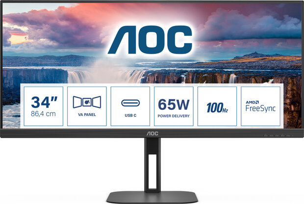 Value-line U34V5C/BK LED 34&quot;, 3440 x 1440 WQHD, 100 Hz, VA, 4000:1, 4 ms, HDMI, DisplayPort, USB-C,  speakers, mat zwart