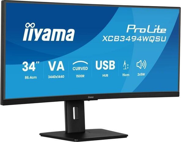 ProLite XCB3494WQSU-B1 LED curved 34&quot;, 3440 x 1440 UWQHD 120 Hz, 3000:1, 0,4 ms, HDMI, DisplayPort, USB-C, speakers, mat zwart