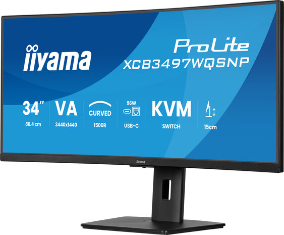 ProLite XCB3497WQSNP-B1 LED curved 34&quot;, 3440 x 1440 UWQHD 120 Hz, VA, 3000:1, 0,4 ms, HDMI, DisplayPort, USB-C, speakers, mat zwart