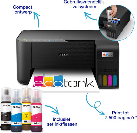 EcoTank ET-2860 Multifunction (print-copy-scan, WiFi, incl. inkt voor 4.500 afdrukken zwart en 7.500 afdrukken kleur)