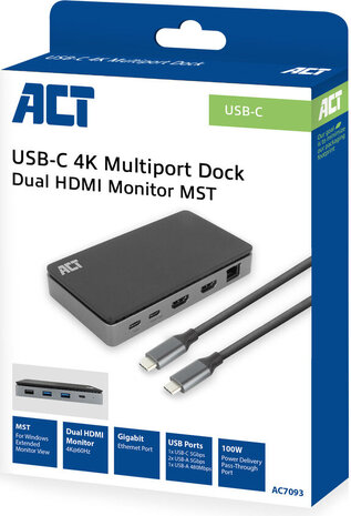 AC7093 USB-C 4K MST Dockingstation voor 2 HDMI-monitoren, Ethernet, USB-C, 3 x USB-A, PD passthrough en 1 meter lange afneembare USB-C-kabel