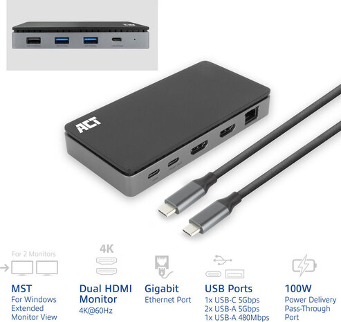 AC7093 USB-C 4K MST Dockingstation voor 2 HDMI-monitoren, Ethernet, USB-C, 3 x USB-A, PD passthrough en 1 meter lange afneembare USB-C-kabel