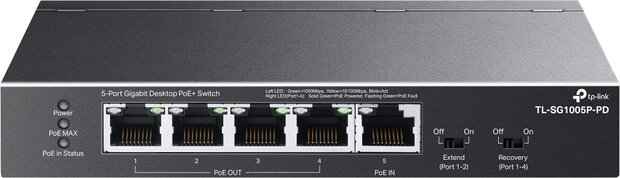 TL-SG1005P-PD V1 Switch (4 x 10/100/1000 PoE+ + 1 x 10/100/1000 PoE++, wall-mountable, PoE++ 66 Watt)