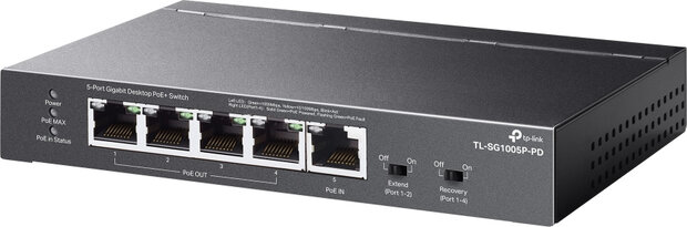 TL-SG1005P-PD V1 Switch (4 x 10/100/1000 PoE+ + 1 x 10/100/1000 PoE++, wall-mountable, PoE++ 66 Watt)
