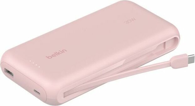 20K Powerbank 30 Watt (ge&iuml;ntegreerde USB-C kabel, roze)