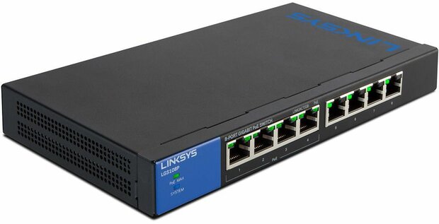 LGS108P Switch (unmanaged, 4 x 10/100/1000 poorten PoE + 4 x 10/100/1000 poorten, desktop, wall-mountable, PoE+)