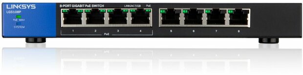 LGS108P Switch (unmanaged, 4 x 10/100/1000 poorten PoE + 4 x 10/100/1000 poorten, desktop, wall-mountable, PoE+)