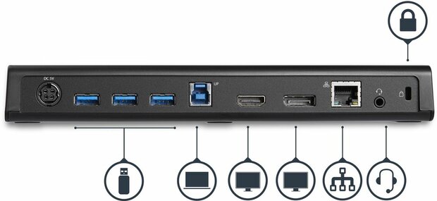 Universal USB 3.0 4K Laptop Docking Station (4K DisplayPort, USB Fast-Charge poort, USB 3.0 Hub, GBLAN, DisplayPort, HDMI)