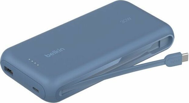 20K Powerbank 30 Watt (ge&iuml;ntegreerde USB-C kabel, blauw)