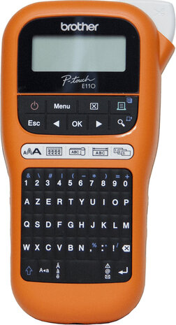 P-Touch PT-E110VP Labelmaker (monochrome, thermal transfer, rol 1,2 cm, 180 dpi, zwart/oranje)