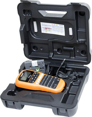 P-Touch PT-E110VP Labelmaker (monochrome, thermal transfer, rol 1,2 cm, 180 dpi, zwart/oranje)