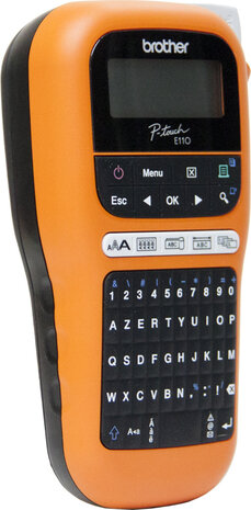 P-Touch PT-E110VP Labelmaker (monochrome, thermal transfer, rol 1,2 cm, 180 dpi, zwart/oranje)