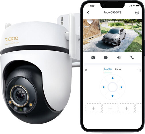 Tapo C530WS V2 Network surveillance camera (pan/tilt, outdoor, weatherproof, dag/nacht, 5 Mpix 2880 x 1620 3K, fixed focal, audio, Wi-Fi - 802.11ax, LAN 10/100, H.264)