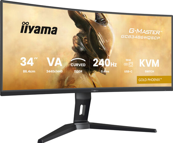 G-MASTER Gold Phoenix GCB3486WQSCP-B1 LED gaming curved 34&quot;, 3440 x 1440 UWQHD 240 Hz, VA, 4000:1, HDR400, 0,4 ms, 2 x HDMI, DisplayPort, 2 x USB-C, 2 x USB, speakers, zwart