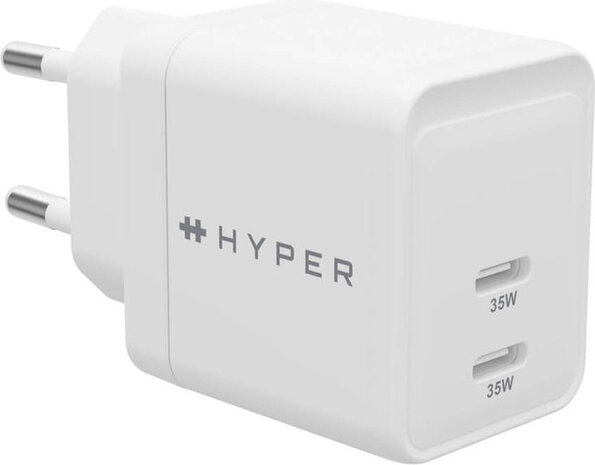 HyperJuice Power adapter (GaN, 35 Watt, Power Delivery 3.0 + PPS, Quick Charge 3.0, 2 output connectors USB-C, wit)