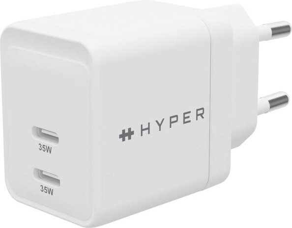 HyperJuice Power adapter (GaN, 35 Watt, Power Delivery 3.0 + PPS, Quick Charge 3.0, 2 output connectors USB-C, wit)
