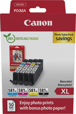 CLI-581XL inkjetcartridges multipack (zwart, cyaan, magenta, geel en 50 vellen A6 Photo Paper)