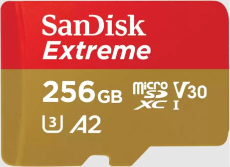 Extreme Flash memory card 256 GB (A2, Video Class V30, UHS-I U3, Class 10, microSDXC UHS-I, incl. adapter)