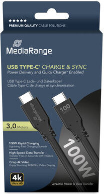 Rapid Charging USB-C kabel (3 meter, tot 100 Watt, 4K, zwart)