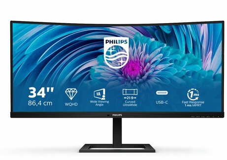 346E2CUAE/00 UWQHD Curved 34", VA, 3440 x 1440, 100 Hz, 1 ms, USB-C, 4 x USB 3.2, DisplayPort, HDMI, speakers, in hoogte verstelbaar