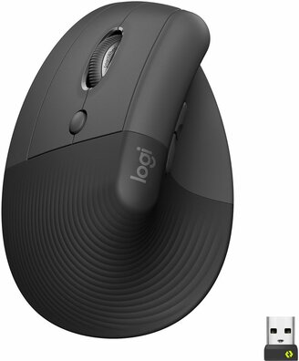 Lift Vertical Ergonomic Mouse (linkshandig, 6 knoppen, Bluetooth, 2,4 GHz, Bolt USB-receiver, grafiet)
