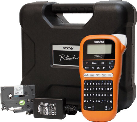 P-Touch PT-E110VP Labelmaker (monochrome, thermal transfer, rol 1,2 cm, 180 dpi, zwart/oranje)