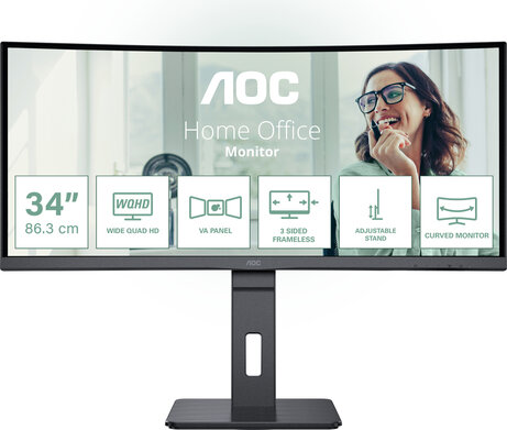 Pro-line CU34P3CV LED 34", curved, 3440 x 1440 UWQHD, 100 Hz, VA, 300 cd/m², 3000:1,  4 ms, HDMI, DisplayPort, USB-C, speakers, zwart