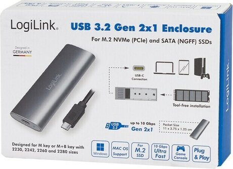 M.2 PCIe NVMe SSD-behuizing (USB-C, zwart)