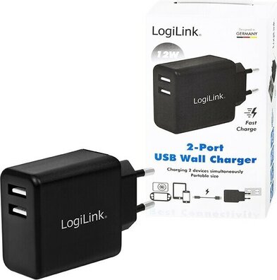 2-Port USB Wall Charger (2 x USB-A 12 Watt, zwart)