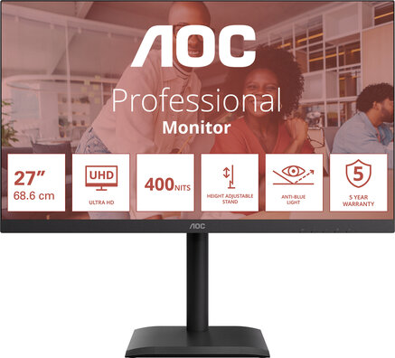 AOC U27E4CV LED 27", 3840 x 2160 4K UHD, IPS, 1200:1, 4 ms, 2 x HDMI, DisplayPort, USB-C, speakers, zwart