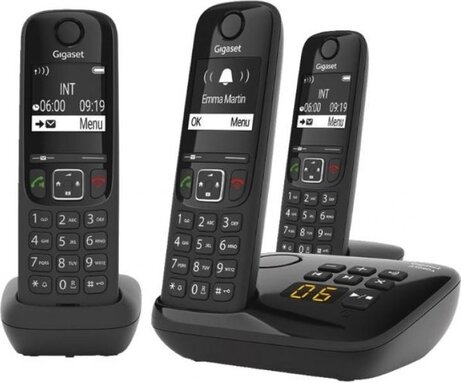 Gigaset AS690AR Trio (DECT, draadloze handset, luidspreker, capaciteit telefoonboek 100, 5,08 cm beeldscherm, zwart, 3 toestellen)