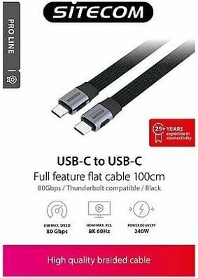 USB-C M/M Flat Cable (1 meter, zwart)